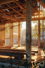 Obraz premium Building new wooden house, Building process on construction site on sunny day