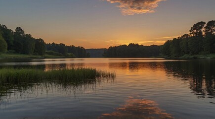 A serene lakeside scene at dusk, with the reflection of the setting sun on the water.

