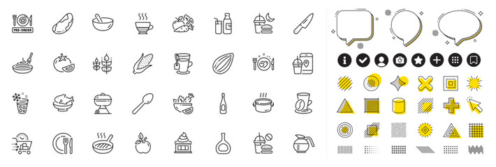 Set of Romantic dinner, Coffee cup and Spoon line icons for web app. Design elements, Social media icons. Saucepan, Seafood, Doppio icons. Ice cream, Gluten free, Brazil nut signs. Vector