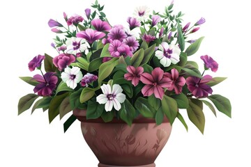 A pot filled with purple and white flowers. Suitable for gardening or floral design projects