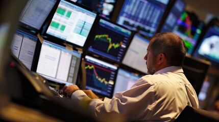 Stock or Forex trader works at laptop with multiple trading charts graphs computer screens hand on keyboard