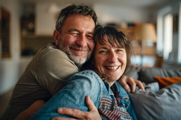 A man and woman are hugging and smiling for the camera