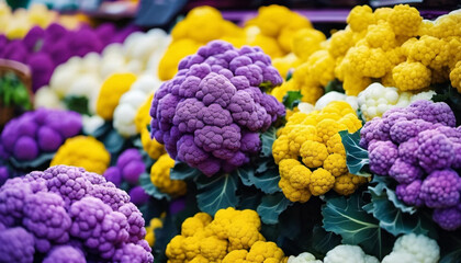 Purple and yellow cauliflowers close up, generative ai
