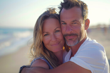 A man and woman are posing for a picture on the beach