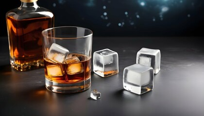Whiskey with ice cubes in glass and bottle on table, space for text