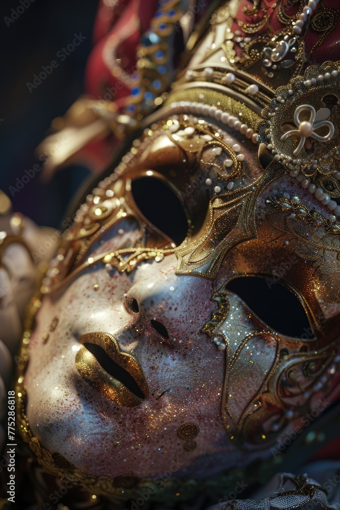 Poster a detailed view of a mask on a table, suitable for various themes