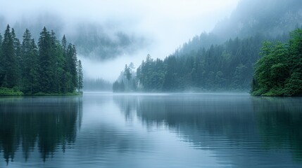   A body of water enveloped by trees on a hazy day amidst a dense woodland