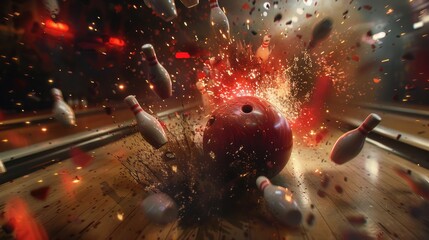 A powerful bowling ball strikes the pins, perfect for sports concept designs - obrazy, fototapety, plakaty