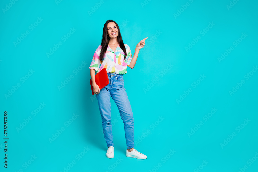 Sticker Full size photo of pretty young woman laptop direct finger empty space wear shirt isolated on teal color background