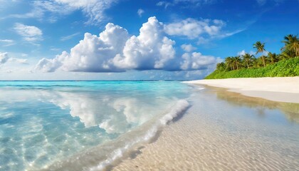 beautiful sandy beach with white sand and rolling calm wave of turquoise ocean on Sunny day