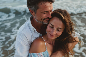 Fototapeta premium A man and a woman are hugging on the beach