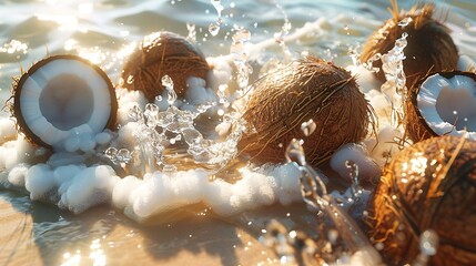 Coconuts washing ashore with the tide - obrazy, fototapety, plakaty