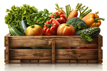 A wooden crate filled with a variety of vegetables including broccoli, carrots