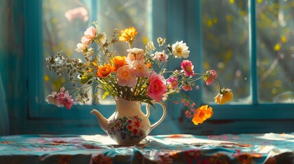 Vintage teapot and fresh flowers still life photography with vibrant colors and soft light - obrazy, fototapety, plakaty
