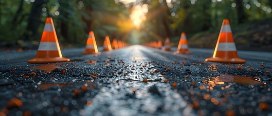 Sunlit road with orange traffic cones signaling ongoing construction suitable for urban planning materials. Concept Road Construction, Urban Planning, Traffic Cones, Sunny Streets - obrazy, fototapety, plakaty