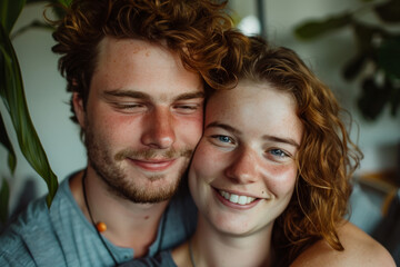 A man with a beard and a woman with red hair smile for the camera