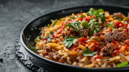 Egyptian dish Kushari, pasta with rice porridge, legumes and vegetables with meat and fried onions. It is dressed with tomato sauce - obrazy, fototapety, plakaty