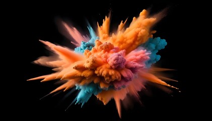 Abstract powder splatted background. Colorful powder explosion on black background. Colored cloud. Colorful dust explode. Freeze motion of orange color powder exploding isolated on white
