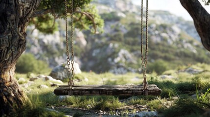 A wooden swing hanging from a tree in a field. Perfect for outdoor and nature-themed designs