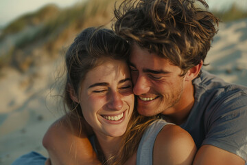 Fototapeta premium A man and woman are hugging and smiling with their eyes closed