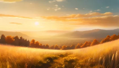 Poster autumn landscape with grassland orange view of sunset concept art scenery book illustration video game scene serious digital painting cg artwork background generative ai © joesph