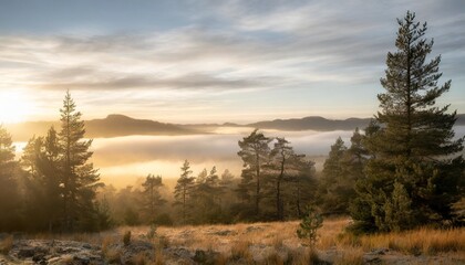 pine landscape with fog