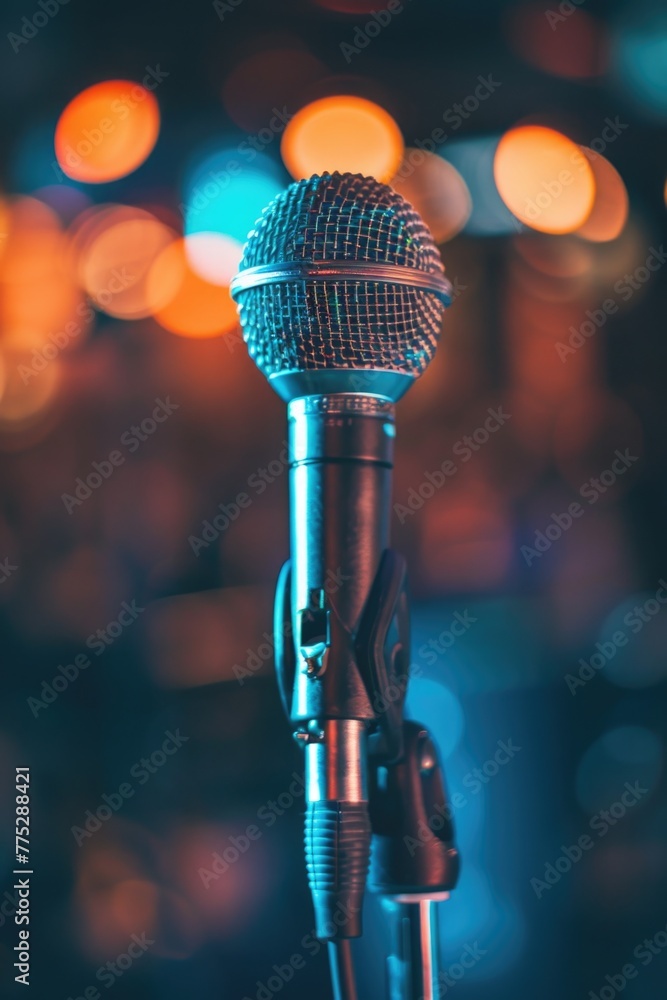 Poster A microphone on a stand with a blurry background. Suitable for music or performance concepts