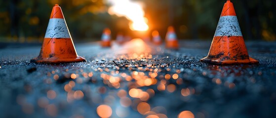 Sunlit Road with Orange Traffic Cones: A Scene Ideal for Urban Planning Resources. Concept Urban Planning, Transportation Design, Public Safety, Road Infrastructure, Street Design - obrazy, fototapety, plakaty