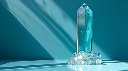 Crystal trophy displayed against a blue background, with ample copy space. - obrazy, fototapety, plakaty