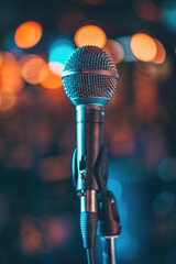 A microphone on a stand with a blurry background. Suitable for music or performance concepts