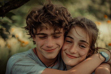 Fototapeta premium A boy and a girl are hugging and smiling for the camera