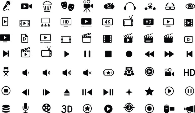 Multimedia movie cinema icons set. Video, audio, film, tv, Clapper board sign collection. LCD, media player buttons, speakers, video camera, Popcorn box