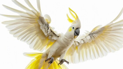 A yellow and white bird with spread wings. Suitable for various nature and wildlife concepts