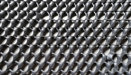 A detailed shot of a grey composite material grille with a circular pattern, resembling wire fencing or chainlink fencing. It could be an auto part or a decorative mesh design
