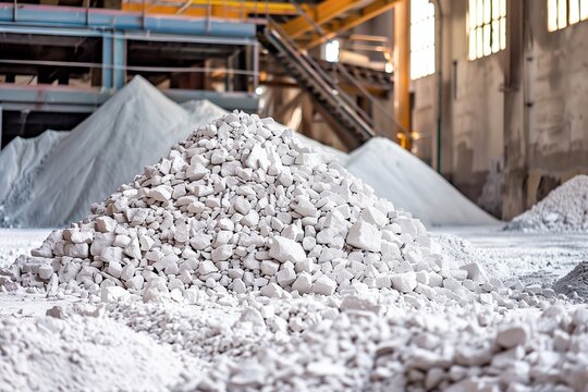 A vast heap of freshly mined gypsum crystals piled in an industrial warehouse, giving insight into mineral processing
