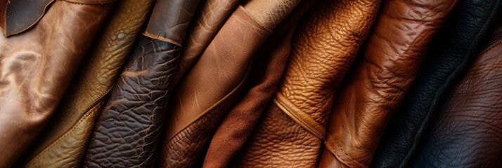 Obraz premium A selection of folded leather pieces in warm brown shades emphasizes the material's natural charm and potential uses
