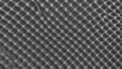 A detailed shot of a grey composite material grille with a circular pattern, resembling wire fencing or chainlink fencing. It could be an auto part or a decorative mesh design
