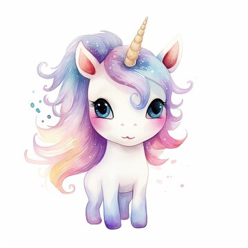 Watercolour Animal Clipart Cute Baby unicorn Siting on white background