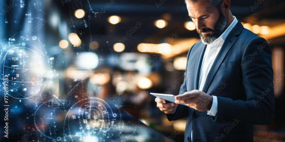 Poster Business professional analyzing global networks and data connections with a dynamic interface on a digital tablet in a modern corporate environment