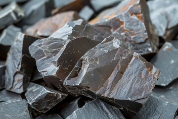 An up-close view of dark manganese mineral shards highlighting their sharp edges and rich texture