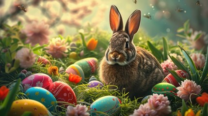 Fototapeta na wymiar Audubons Cottontail rabbit is hidden in the vegetation next to Easter eggs in its natural environment of grass and flowers AIG42E