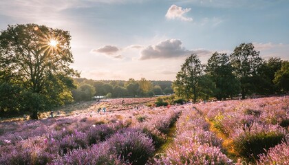 purple pink heather in bloom ginkel heath ede in the netherlands famous as dropping zone for the soldiers during woii operation market garden arnhem - obrazy, fototapety, plakaty