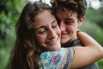 Fototapeta premium A man and woman are hugging and smiling with their eyes closed