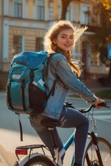 Naklejka na ściany i meble A woman riding a bike with a backpack, suitable for outdoor activities