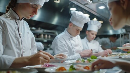 Chefs working together in a busy kitchen, perfect for culinary concepts