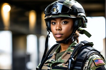 A woman in a camouflage uniform stands in front of a black background