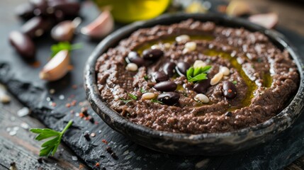 Egyptian dish Ful mashed beans seasoned with garlic and olive oil, on a black flat stone board.