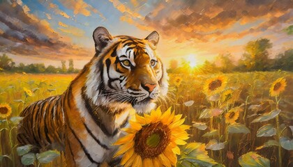 tiger made of oil paint modern art with sunflower generative ai