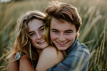 Fototapeta premium A boy and a girl are hugging and smiling in a field