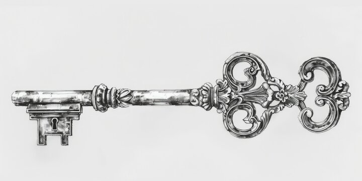 Detailed drawing of a skeleton key on a white background. Perfect for design projects or security concepts